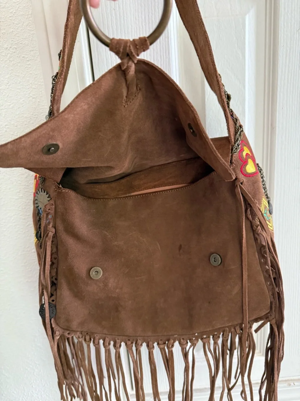 Francesco Biasia Brown Suede Fringe Shoulder Bag with Embroidered Strap - Picture 3 of 8